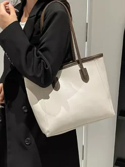 Minimalist Color Block Large Capacity Leather Tote Bag Daily Commute Shoulder Handbag