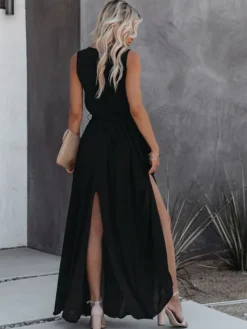 Minimalist Maxi Dress for Women - Black Sleeveless V Neck Side Split Belted Boho Dress - Summer Beach Party 2026