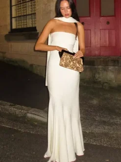 Minimalist Scarf Neck Strapless Dress For Women - Elegant Mermaid Maxi Gown - Spring Formal Evening Gala 2026