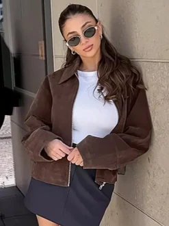 Mocha Suede Women's Cropped Jacket - Minimalist Zip Up Polo Collar Boxy Fit - Street Casual Spring Daily Outfits 2026