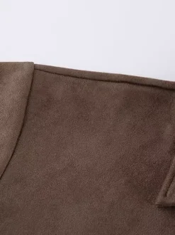 Mocha Suede Women's Cropped Jacket - Minimalist Zip Up Polo Collar Boxy Fit - Street Casual Spring Daily Outfits 2026