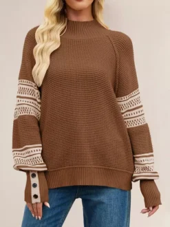 Mock Neck Knit Sweater Stripe Print Sleeve Button For Women 2026