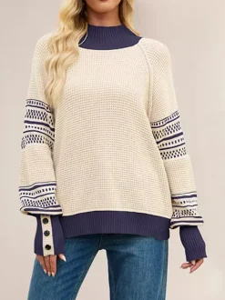 Mock Neck Knit Sweater Stripe Print Sleeve Button For Women 2026