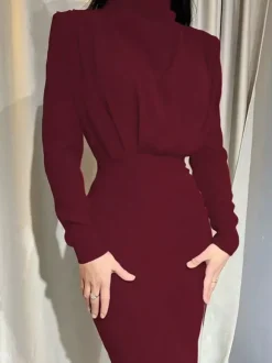 Mock Neck Maxi Dress For Women - Back Slit Long Sleeve Gown - Spring Evening Party 2026