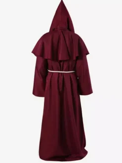 Monk Carnival Costume Middle Ages Hooded Men Robe Burgundy