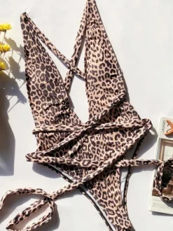 Monokini Swimsuits For Women Coffee Brown Leopard Print Ruffles V-Neck Backless Summer Beach Swimwear