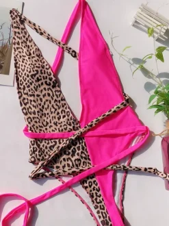 Monokini Swimsuits For Women Coffee Brown Leopard Print Ruffles V-Neck Backless Summer Beach Swimwear