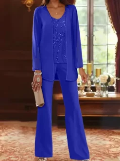 Mother Dress Designed Neckline Long Sleeves 3-piece Sequins Wedding Guest Dresses