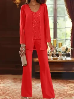 Mother Dress Designed Neckline Long Sleeves 3-piece Sequins Wedding Guest Dresses
