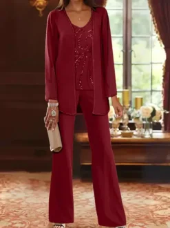 Mother Dress Designed Neckline Long Sleeves 3-piece Sequins Wedding Guest Dresses