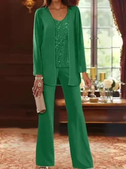 Mother Dress Designed Neckline Long Sleeves 3-piece Sequins Wedding Guest Dresses