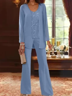 Mother Dress Designed Neckline Long Sleeves 3-piece Sequins Wedding Guest Dresses