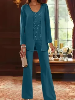 Mother Dress Designed Neckline Long Sleeves 3-piece Sequins Wedding Guest Dresses