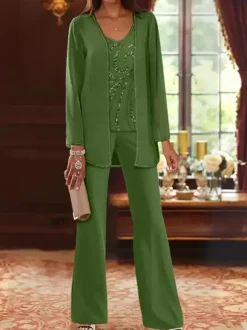 Mother Dress Designed Neckline Long Sleeves 3-piece Sequins Wedding Guest Dresses