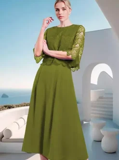 Mother Dress Jewel Neck Half Sleeves A-Line Lace Wedding Guest Dresses