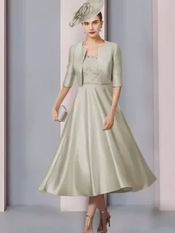 Mother Dress Jewel Neck Half Sleeves A-Line Lace Tea-Length Wedding Guest Dresses