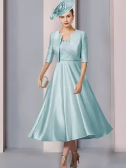 Mother Dress Jewel Neck Half Sleeves A-Line Lace Tea-Length Wedding Guest Dresses