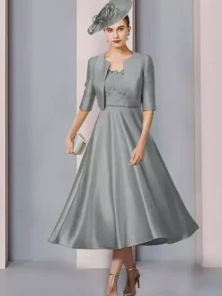 Mother Dress Jewel Neck Half Sleeves A-Line Lace Tea-Length Wedding Guest Dresses