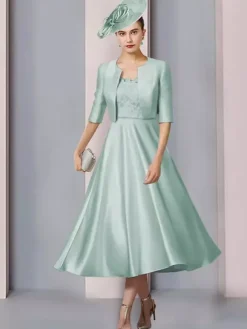 Mother Dress Jewel Neck Half Sleeves A-Line Lace Tea-Length Wedding Guest Dresses