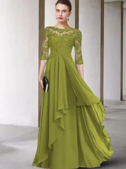 Mother Dress Jewel Neck Half Sleeves A-Line Lace Floor-Length Guest Dresses For Wedding Free Customization