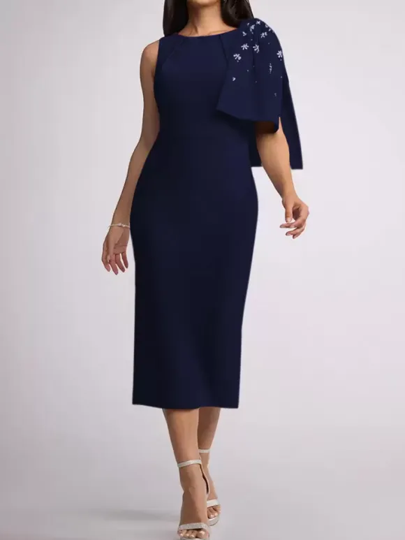 Mother Dress Jewel Neck Sleeveless Sheath Bows Tea-Length Wedding Guest Dresses