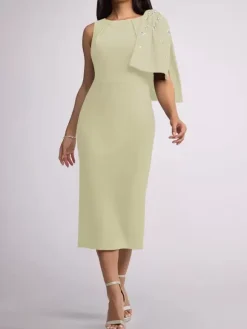 Mother Dress Jewel Neck Sleeveless Sheath Bows Tea-Length Wedding Guest Dresses