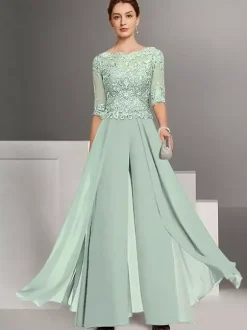 Mother Dress Lace Chiffon Designed Neckline Half Sleeves Jumpsuit Lace Wedding Guest Dresses