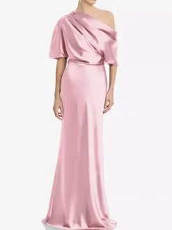 Mother Dress One-Shoulder Short Sleeves Mermaid Pleated Floor-Length Wedding Guest Dresses