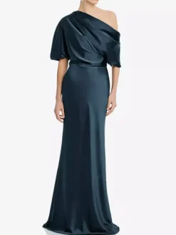Mother Dress One-Shoulder Short Sleeves Mermaid Pleated Floor-Length Wedding Guest Dresses