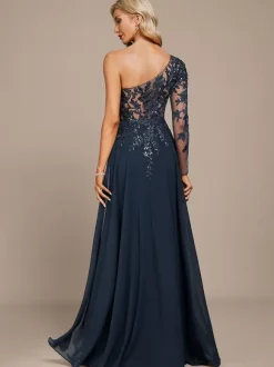 Mother Dress One-Shoulder Long Sleeves Ball Gown Sequins Guest Dresses For Wedding