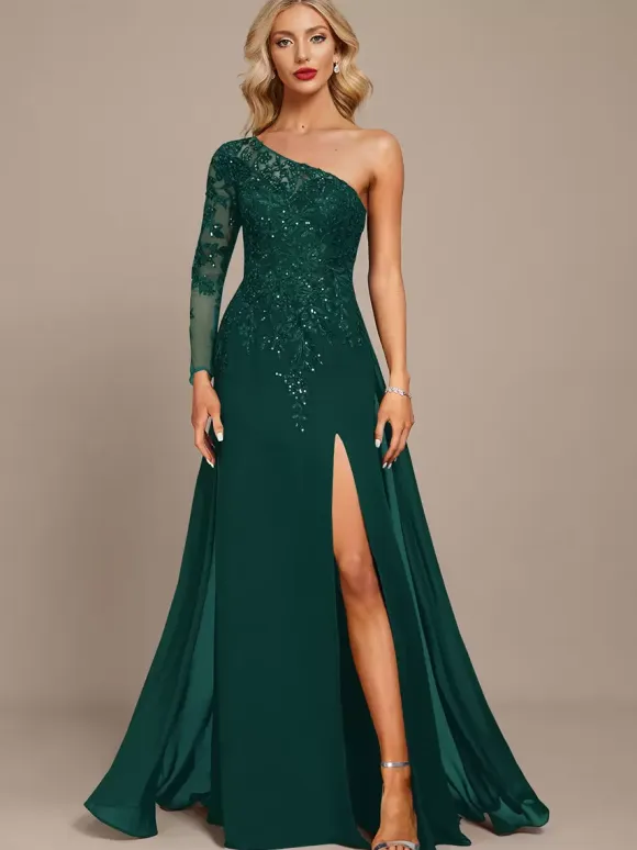 Mother Dress One-Shoulder Long Sleeves Ball Gown Sequins Guest Dresses For Wedding