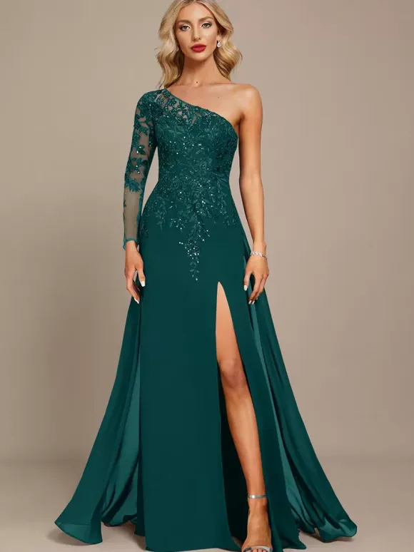 Mother Dress One-Shoulder Long Sleeves Ball Gown Sequins Guest Dresses For Wedding