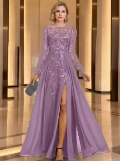 Mother Dress Party Dress Jewel Neck Long Sleeves A-Line Sequins Wedding Guest Dresses