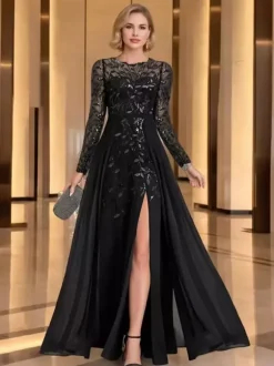 Mother Dress Party Dress Jewel Neck Long Sleeves A-Line Sequins Wedding Guest Dresses