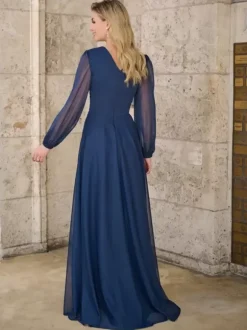 Mother Dress V-Neck Long Sleeves A-Line Applique Floor-Length Wedding Guest Dresses
