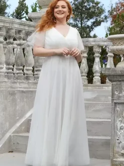 Mother Dress V-Neck Short Sleeves A-Line Pleated Wedding Guest Dresses