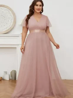 Mother Dress V-Neck Short Sleeves A-Line Pleated Wedding Guest Dresses