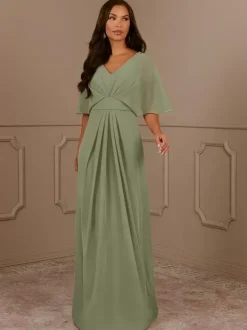 Mother Dress V-Neck Short Sleeves A-Line Pleated Wedding Guest Dresses
