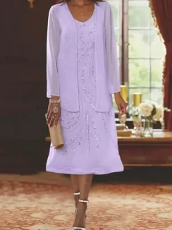 Mother Dress Designed Neckline Long Sleeves Two-piece Sequins Guest Dresses For Wedding