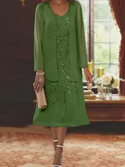 Mother Dress Designed Neckline Long Sleeves Two-piece Sequins Guest Dresses For Wedding