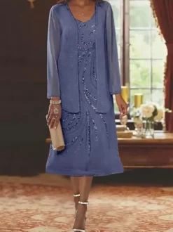 Mother Dress Designed Neckline Long Sleeves Two-piece Sequins Guest Dresses For Wedding