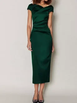 Mother Dress Designed Neckline Short Sleeves A-Line Pleated Tea-Length Wedding Guest Dresses