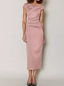 Mother Dress Designed Neckline Short Sleeves A-Line Pleated Tea-Length Wedding Guest Dresses
