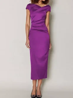 Mother Dress Designed Neckline Short Sleeves A-Line Pleated Tea-Length Wedding Guest Dresses