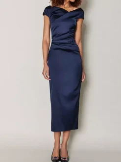 Mother Dress Designed Neckline Short Sleeves A-Line Pleated Tea-Length Wedding Guest Dresses