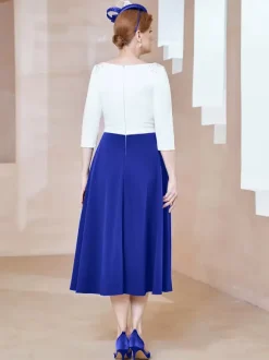 Mother Dress Jewel Neck Half Sleeves A-Line Beaded Tea-Length Guest Dresses For Wedding