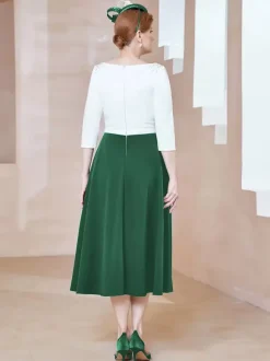 Mother Dress Jewel Neck Half Sleeves A-Line Beaded Tea-Length Guest Dresses For Wedding