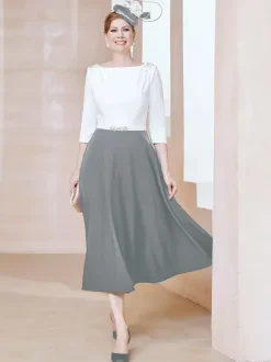 Mother Dress Jewel Neck Half Sleeves A-Line Beaded Tea-Length Guest Dresses For Wedding