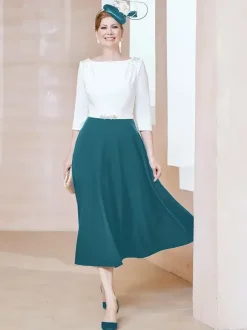 Mother Dress Jewel Neck Half Sleeves A-Line Beaded Tea-Length Guest Dresses For Wedding