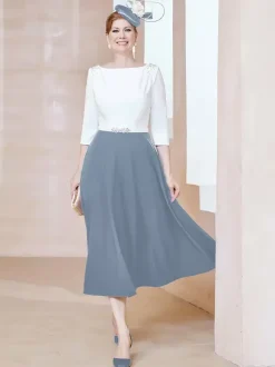 Mother Dress Jewel Neck Half Sleeves A-Line Beaded Tea-Length Guest Dresses For Wedding
